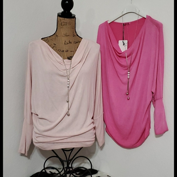 Boutique Tops - Peach gray or pink drape neck top sleeve detail necklace Size SMALL NWT